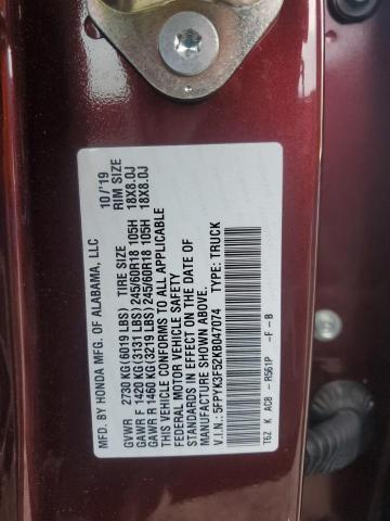 2019 HONDA RIDGELINE 5FPYK3F52KB047074