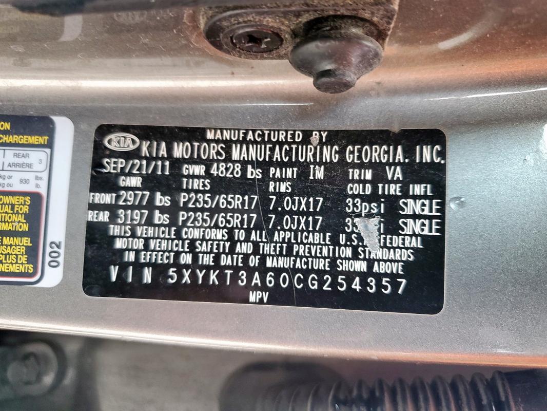 2012 KIA SORENTO BA - 5XYKT3A60CG254357