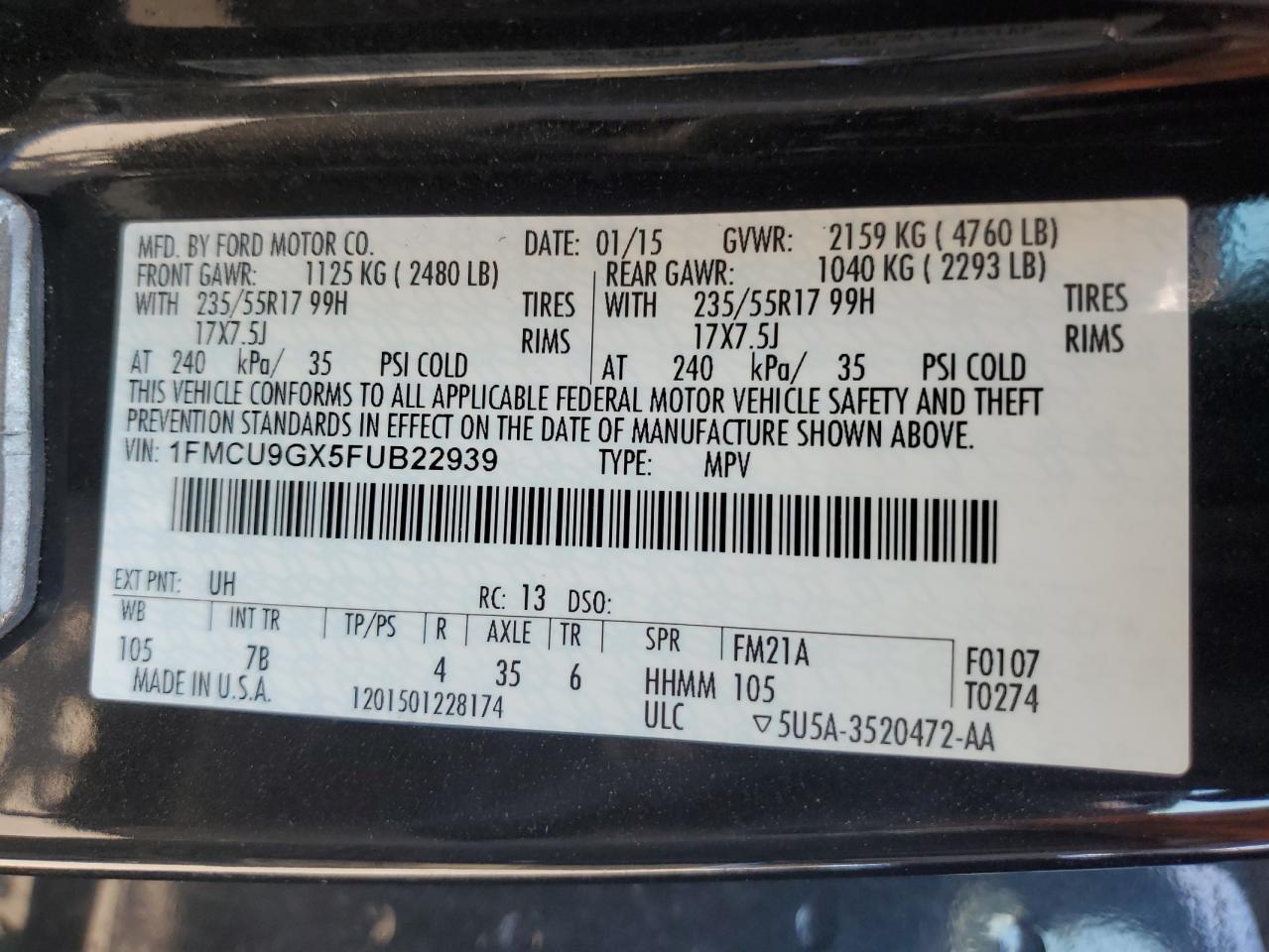 Lot #3301748353 2015 FORD ESCAPE SE