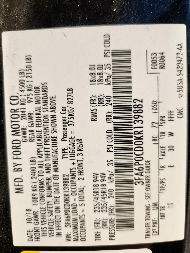 2019 FORD FUSION SEL 3FA6P0CD0KR139882