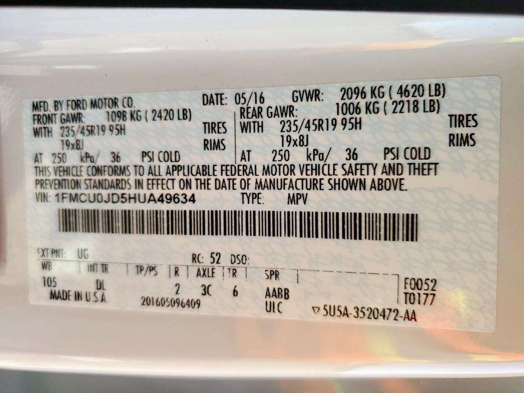 2017 FORD ESCAPE TIT - 1FMCU0JD5HUA49634