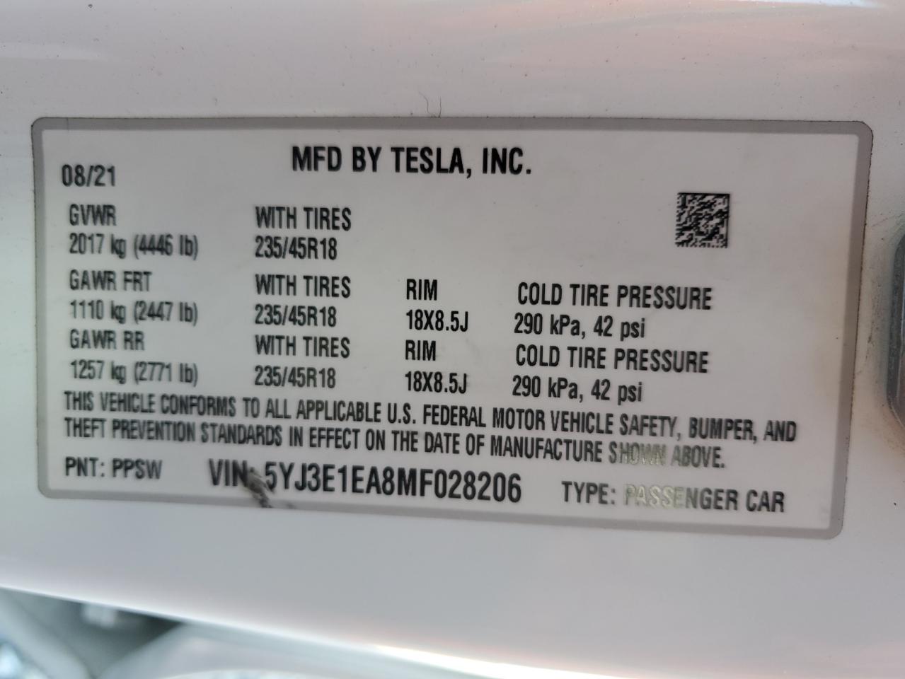 Lot #3302766383 2021 TESLA MODEL 3