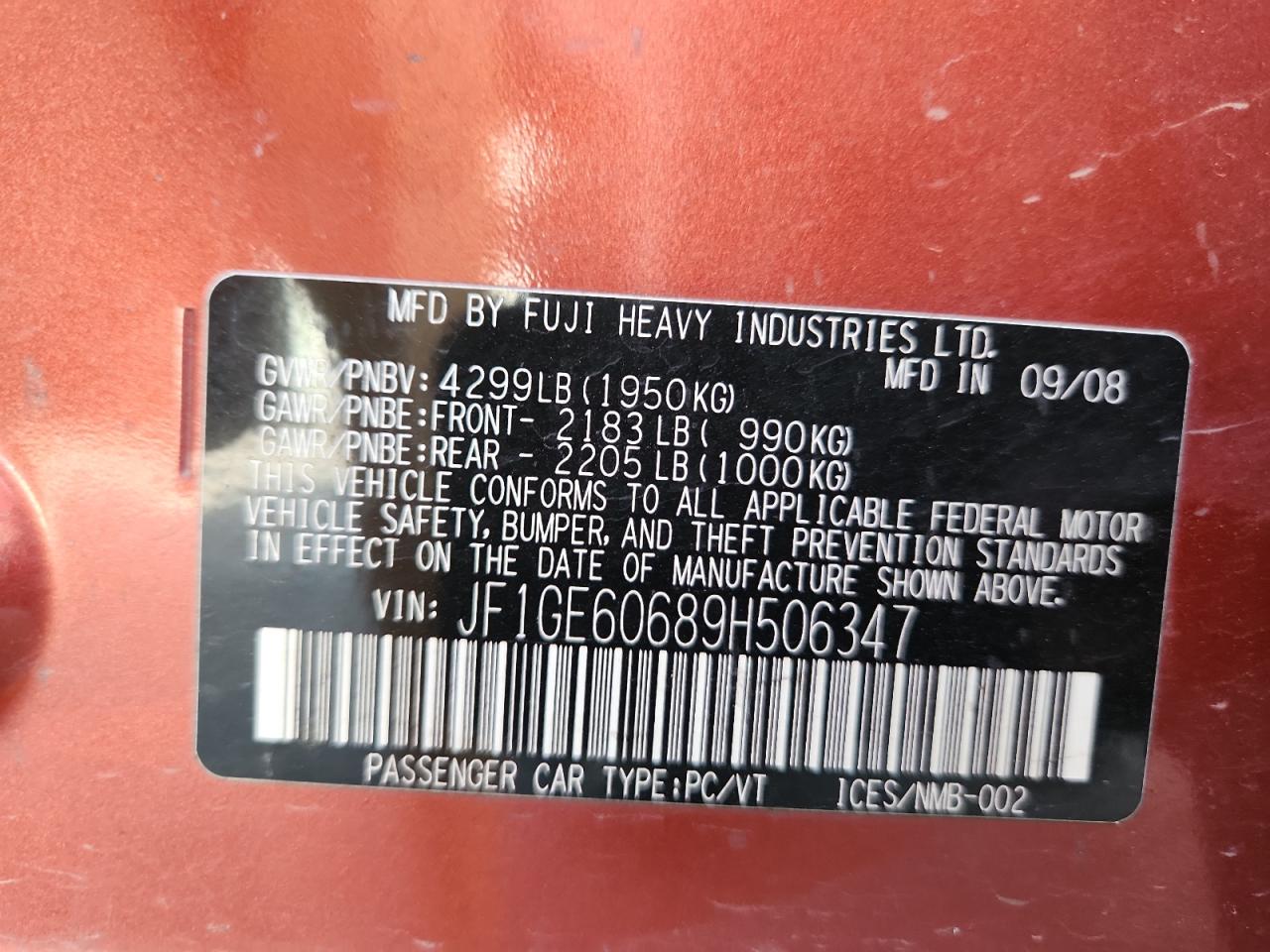 Lot #3304620435 2009 SUBARU IMPREZA 2.