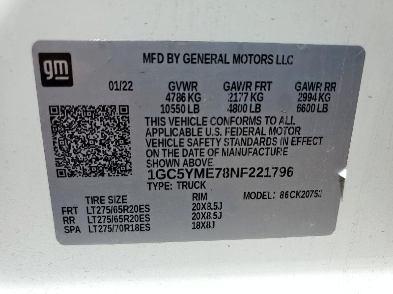 2022 CHEVROLET SILVERADO 1GC5YME78NF221796