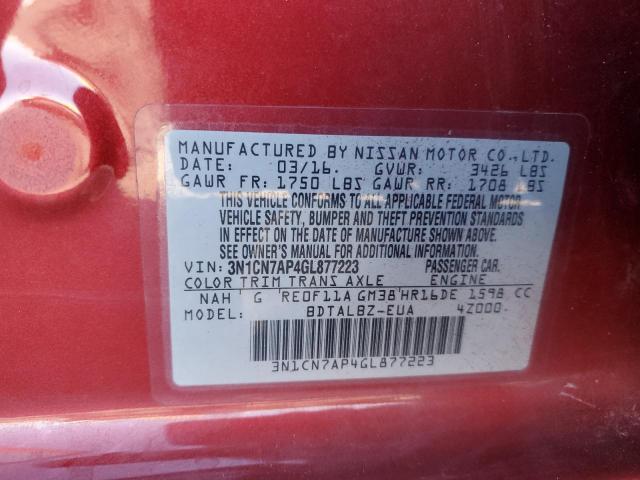 2016 NISSAN VERSA S 3N1CN7AP4GL877223