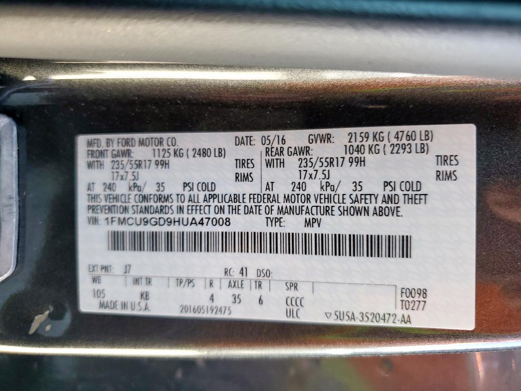 2017 FORD ESCAPE SE 1FMCU9GD9HUA47008