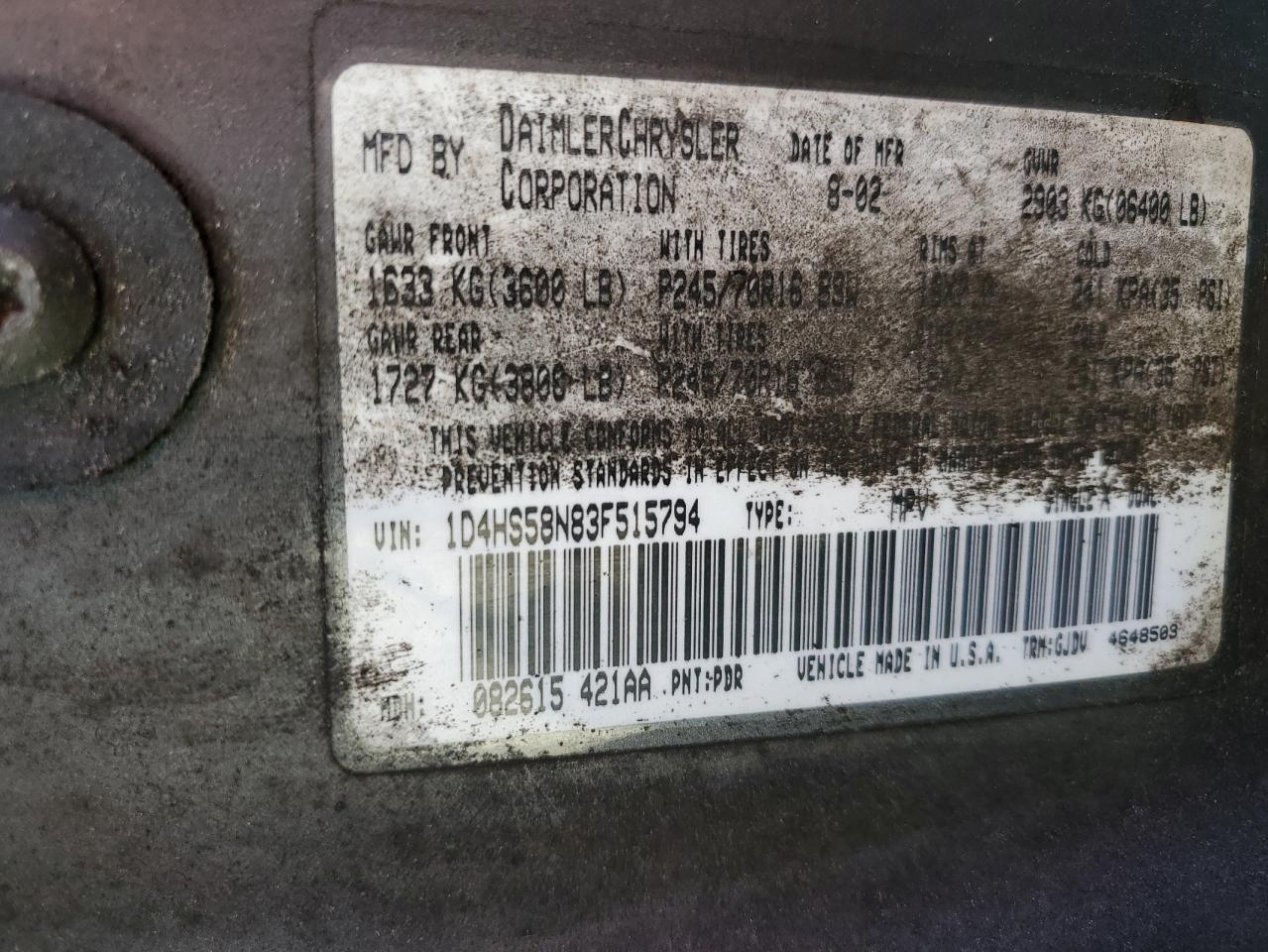 Lot #3305421472 2003 DODGE DURANGO SL