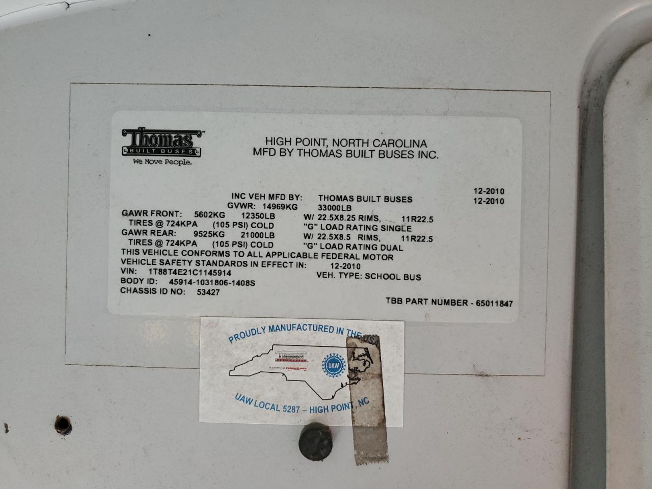 Lot #3273801369 2012 THOMAS SCHOOL BUS