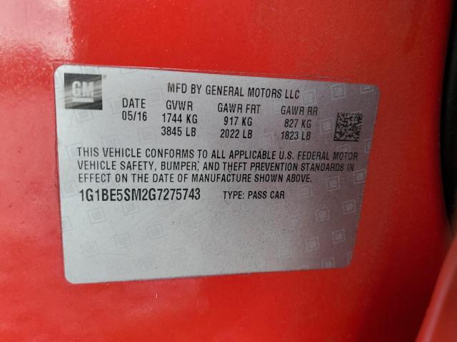 2016 CHEVROLET CRUZE LT 1G1BE5SM2G7275743