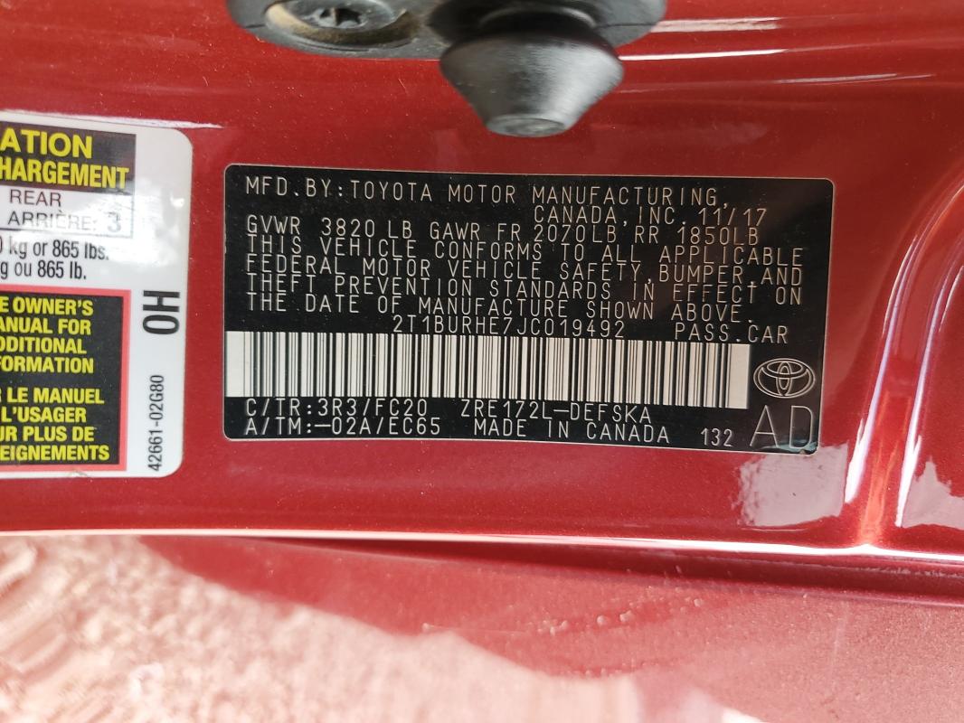 2018 TOYOTA COROLLA L - 2T1BURHE7JC019492