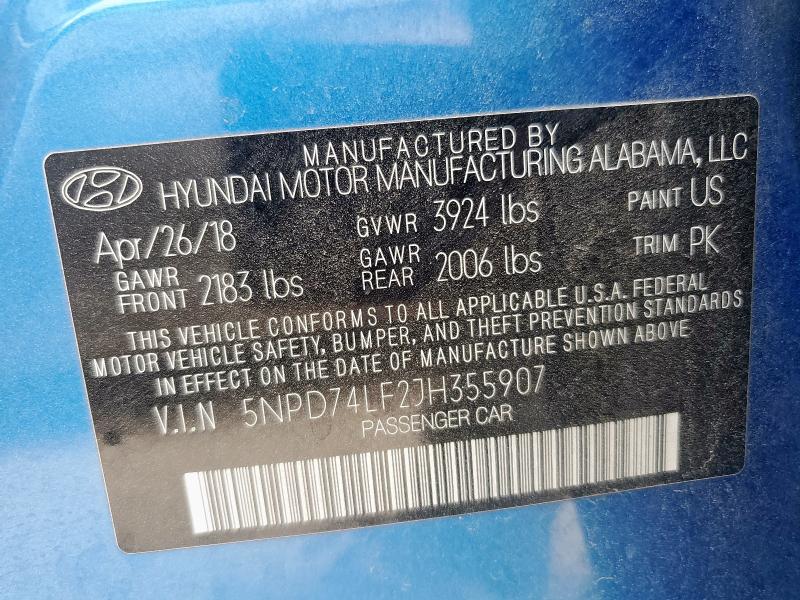 2018 HYUNDAI ELANTRA SE 5NPD74LF2JH355907