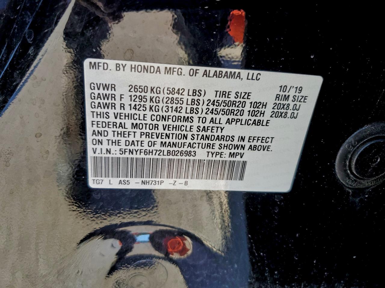 Lot #3316816397 2020 HONDA PILOT BLAC