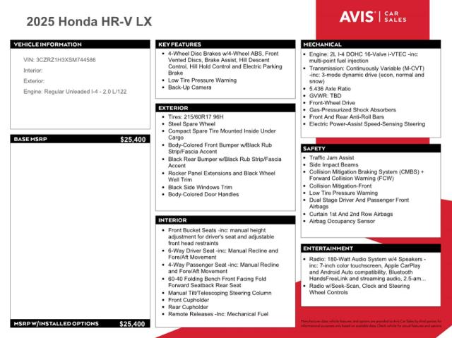 2025 HONDA HR-V LX 3CZRZ1H3XSM744586