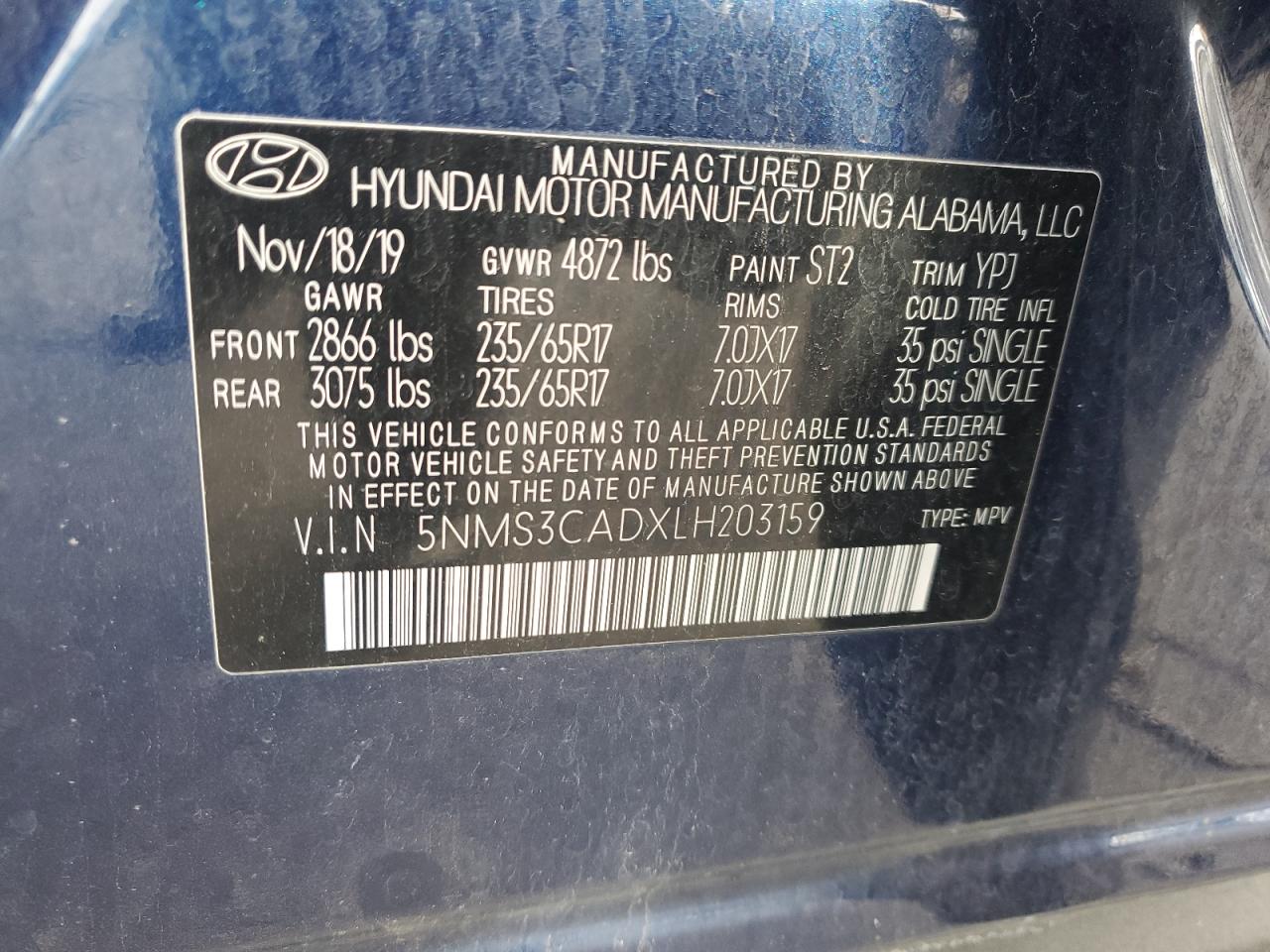 Lot #3309229625 2020 HYUNDAI SANTA FE S