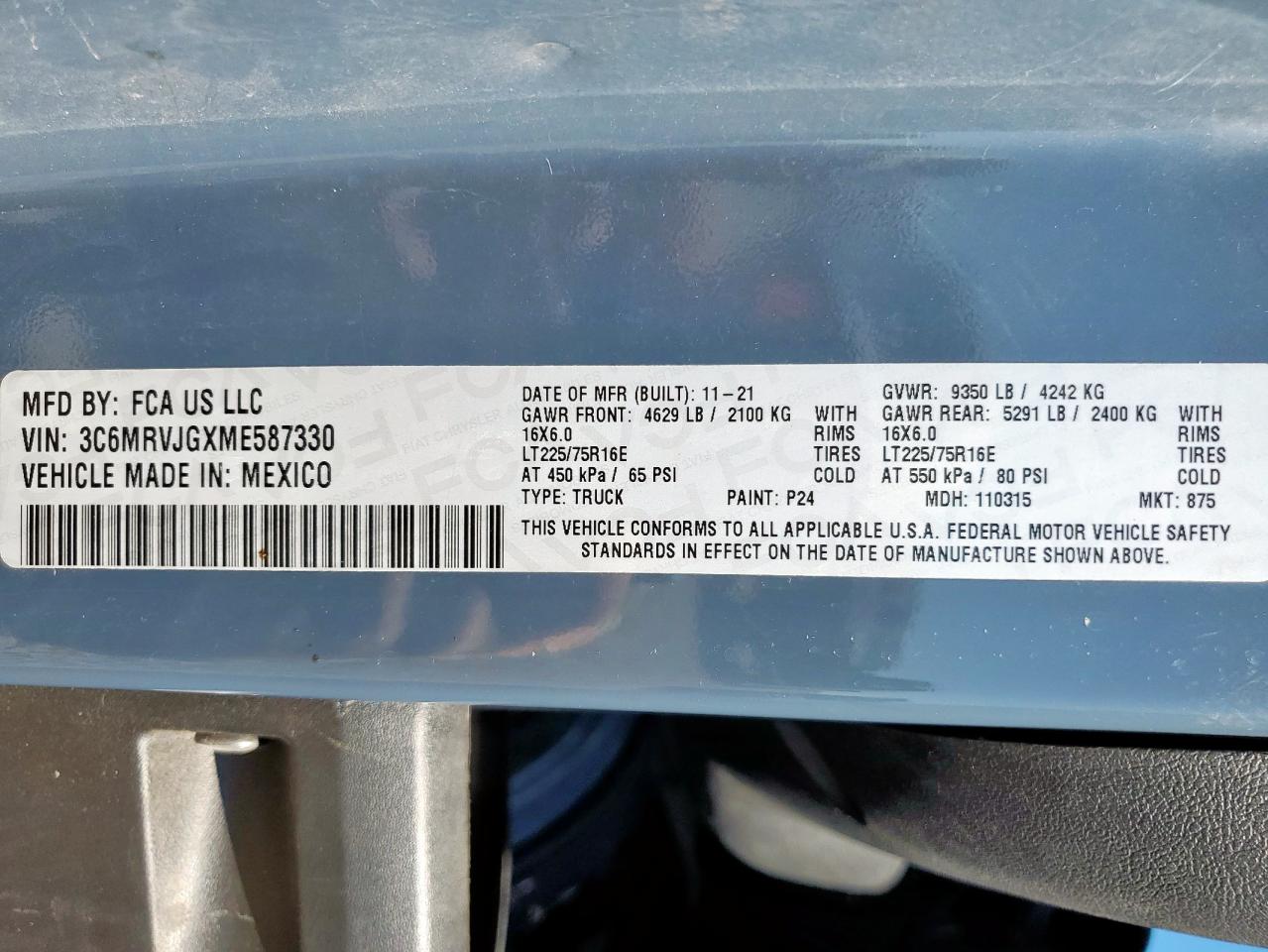 Lot #3316907116 2021 RAM PROMASTER