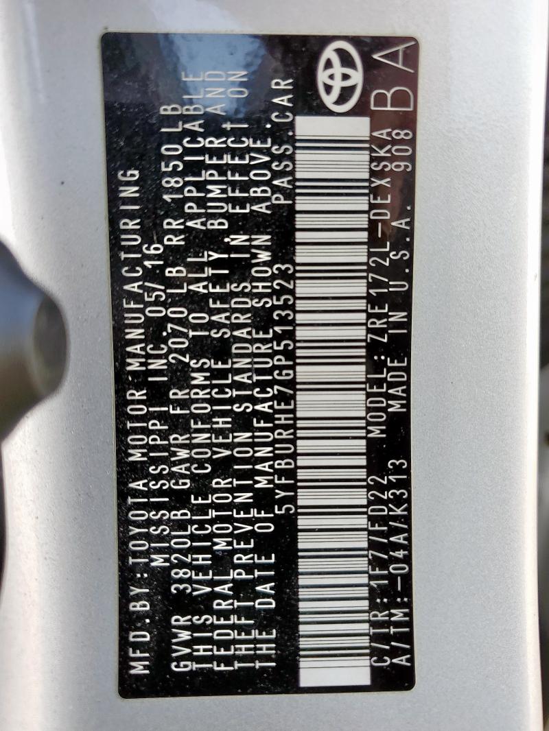 2016 TOYOTA COROLLA L - 5YFBURHE7GP513523