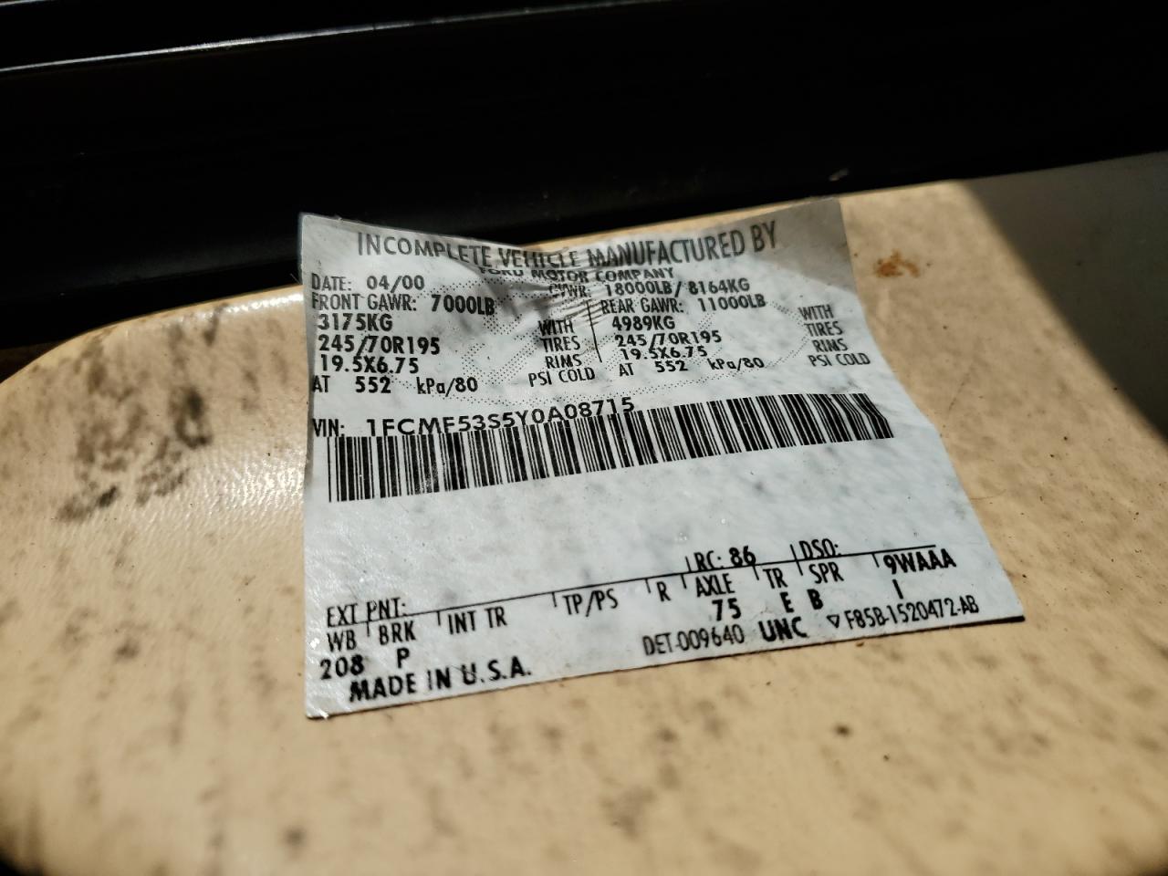 Lot #3308228175 2000 FORD F550 SUPER