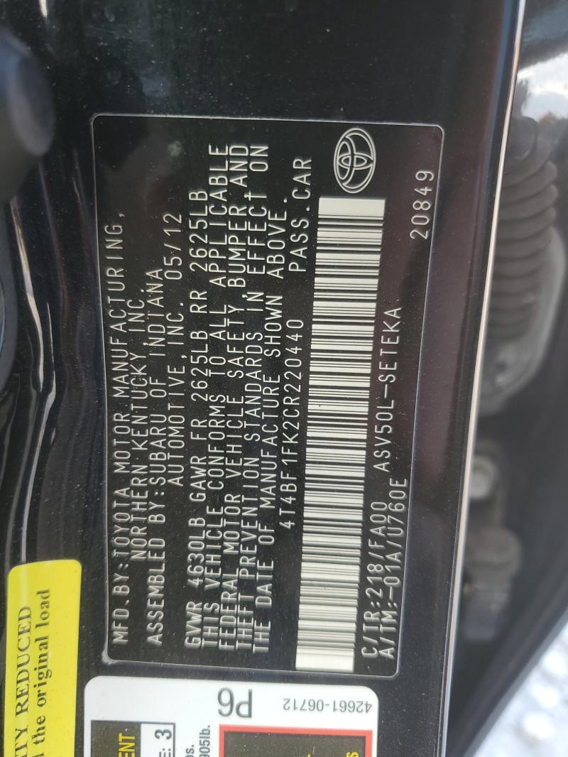 2012 TOYOTA CAMRY BASE - 4T4BF1FK2CR220440