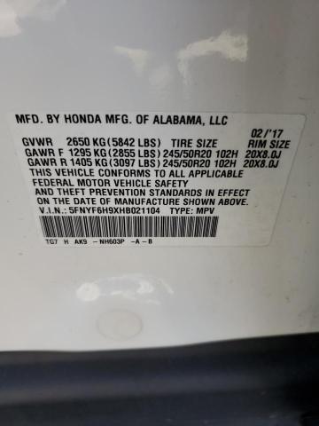 2017 HONDA PILOT TOURING 5FNYF6H9XHB021104