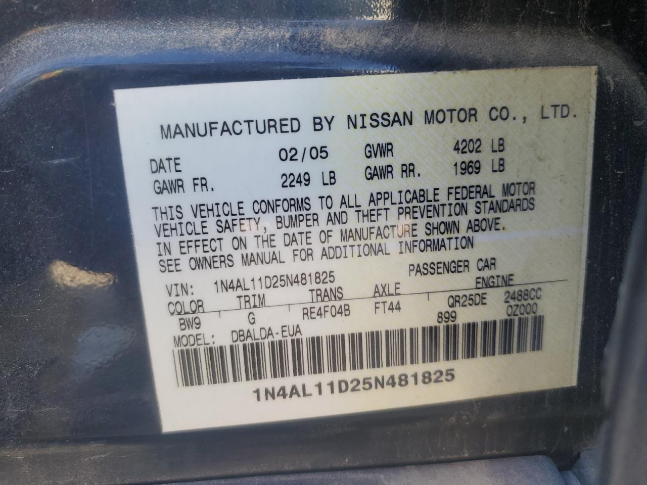 Lot #3281750908 2005 NISSAN ALTIMA MAN