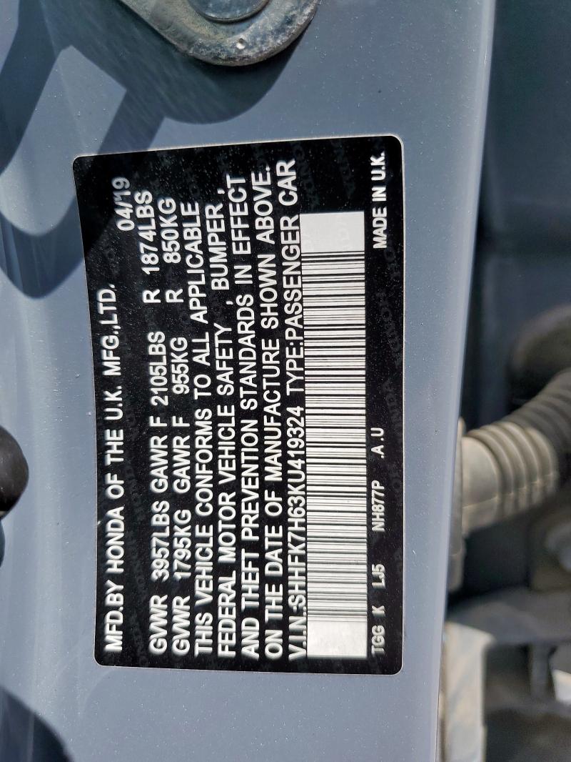 2019 HONDA CIVIC EX SHHFK7H63KU419324