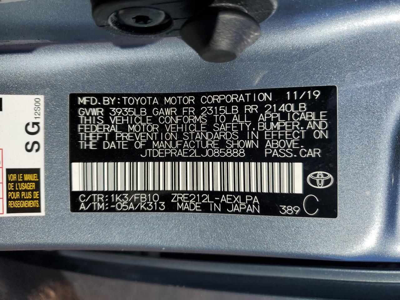 Lot #3303623935 2020 TOYOTA COROLLA LE