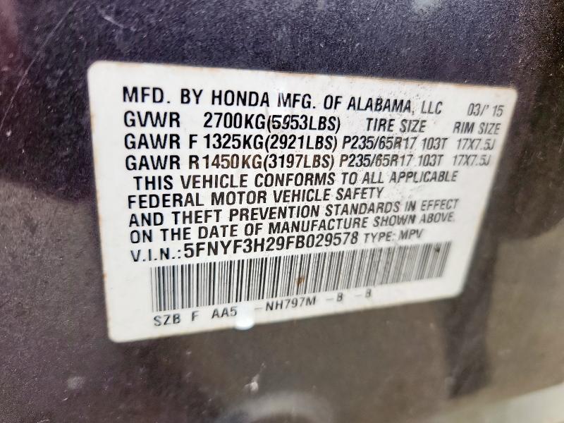 2015 HONDA PILOT LX - 5FNYF3H29FB029578