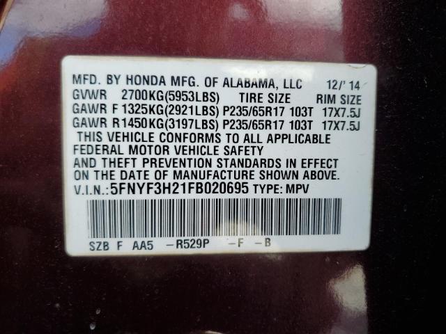 2015 HONDA PILOT LX 5FNYF3H21FB020695