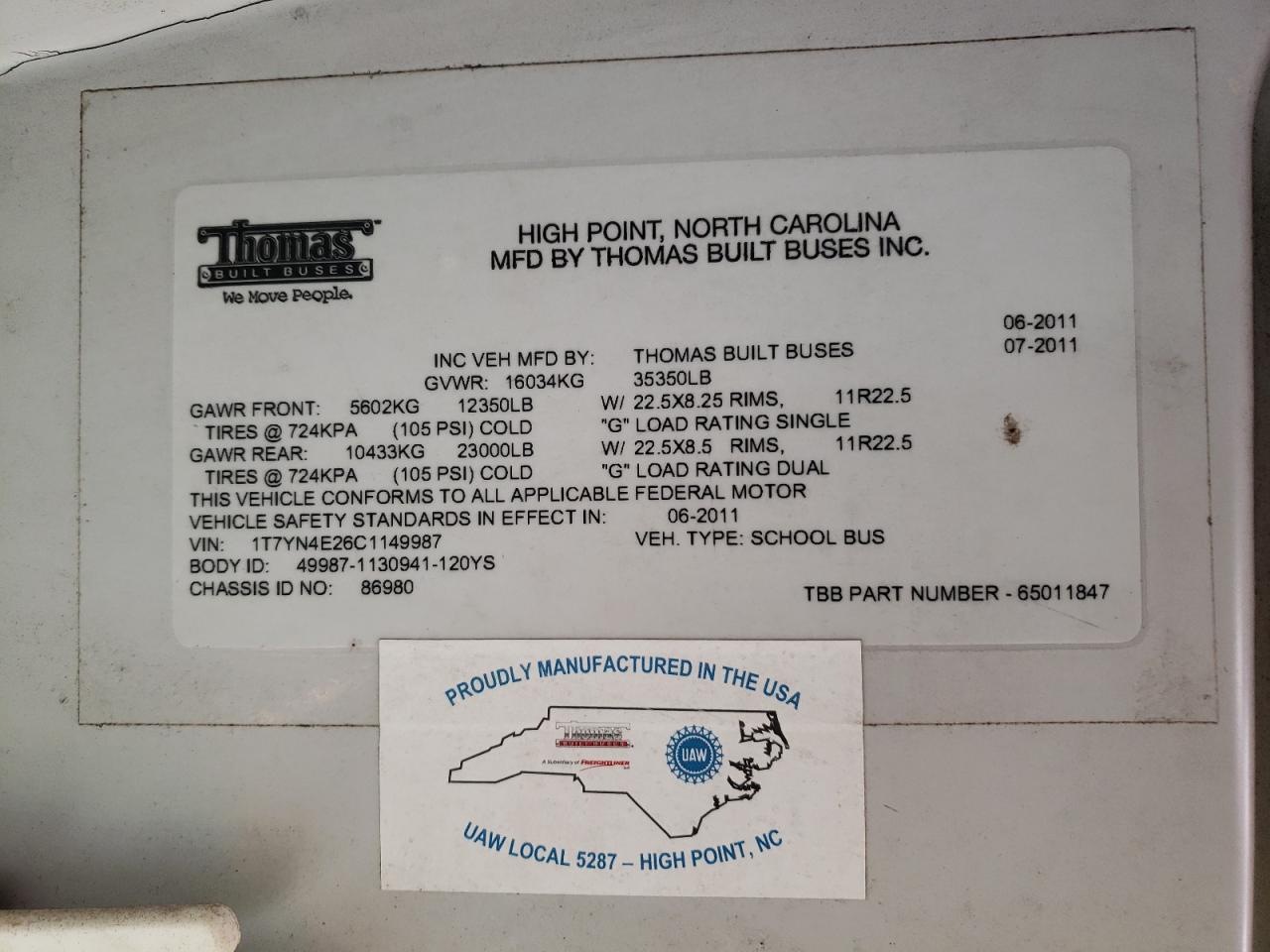 Lot #3278639963 2012 THOMAS SAF-T-LINER HDX