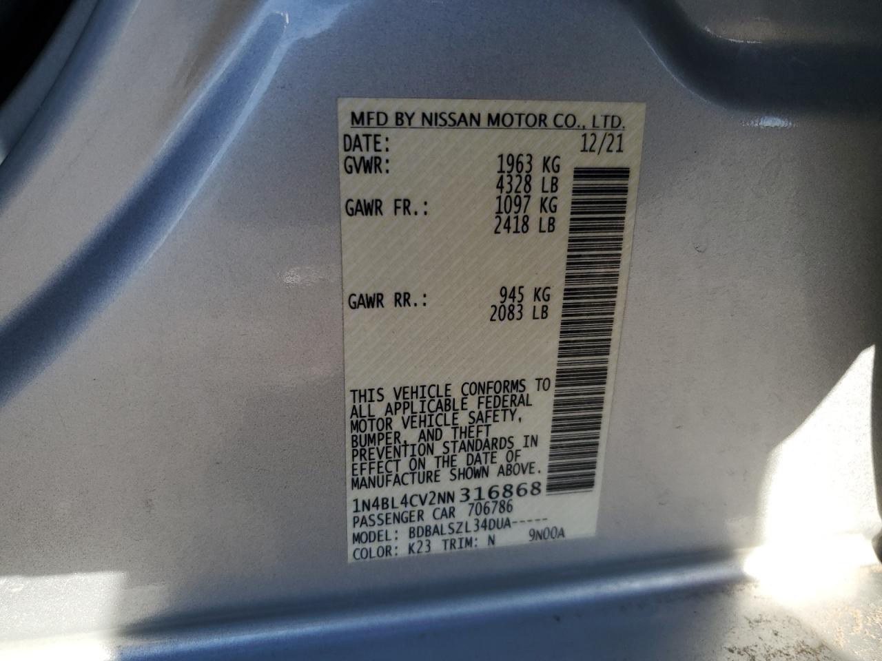 Lot #3303001599 2022 NISSAN ALTIMA SR