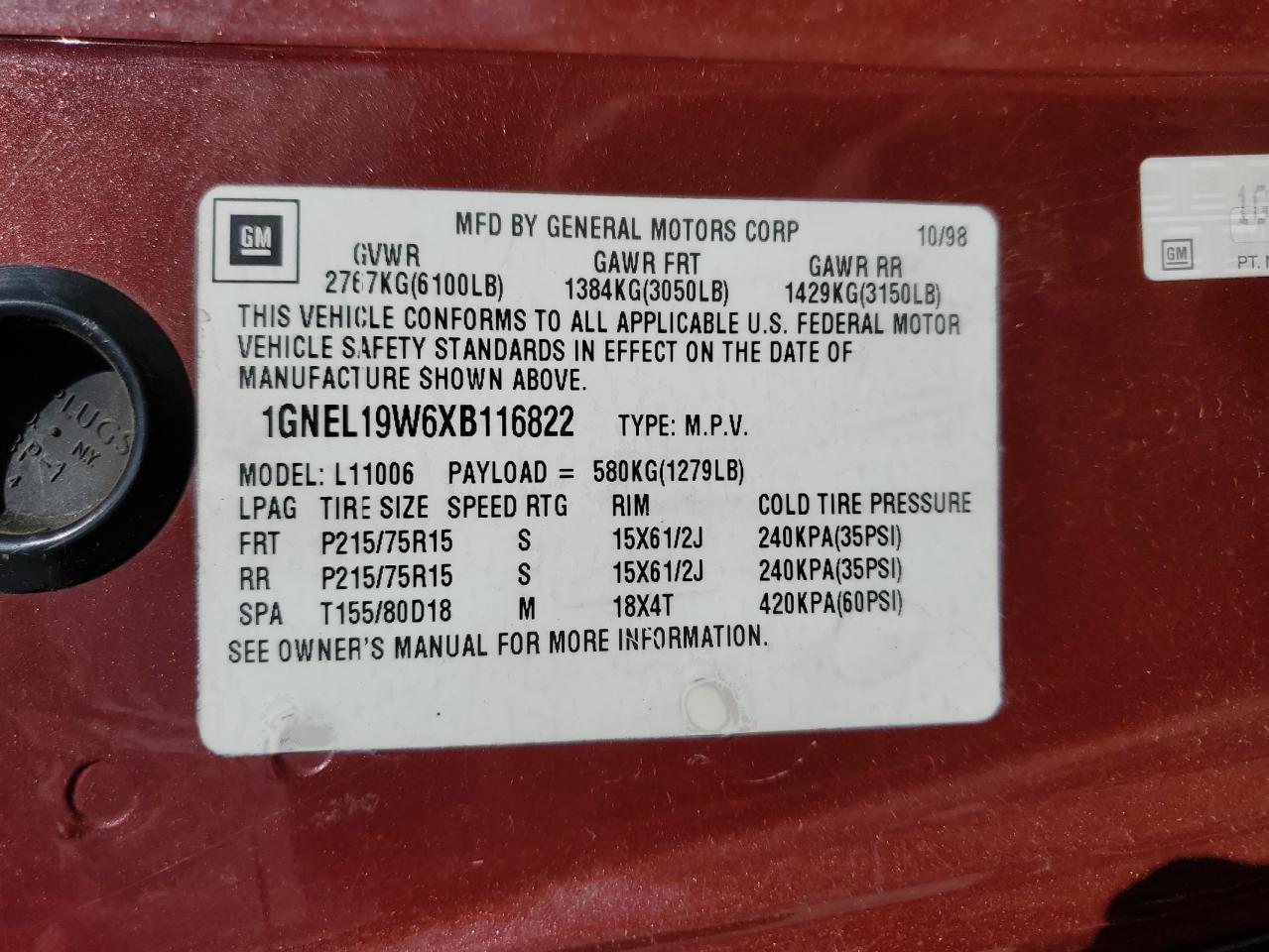 Lot #3302115130 1999 CHEVROLET ASTRO