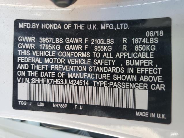 2018 HONDA CIVIC EX - SHHFK7H53JU424514