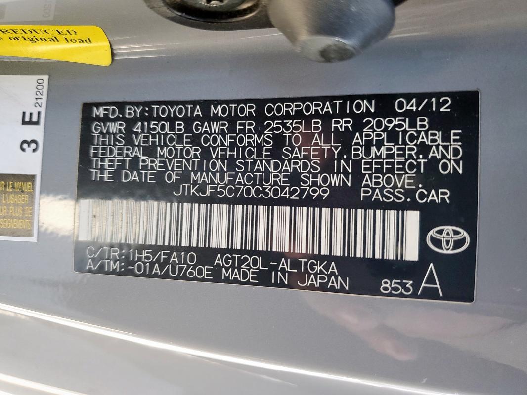 2012 TOYOTA SCION TC - JTKJF5C70C3042799