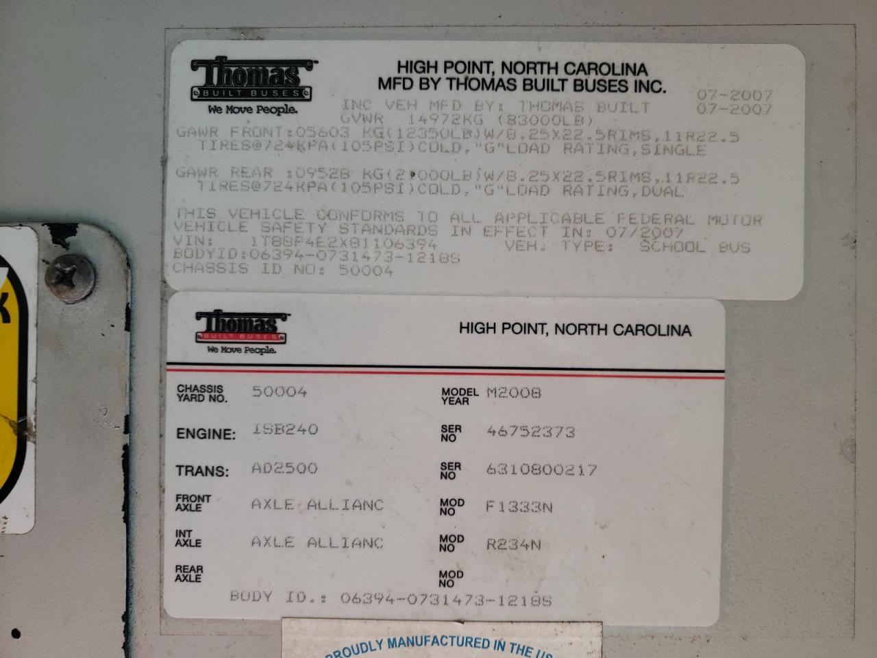 Lot #3275823512 2008 THOMAS SAF-T-LINER MVP-EF