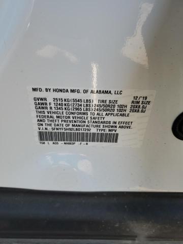 2020 HONDA PILOT TOUR 5FNYF5H92LB017292