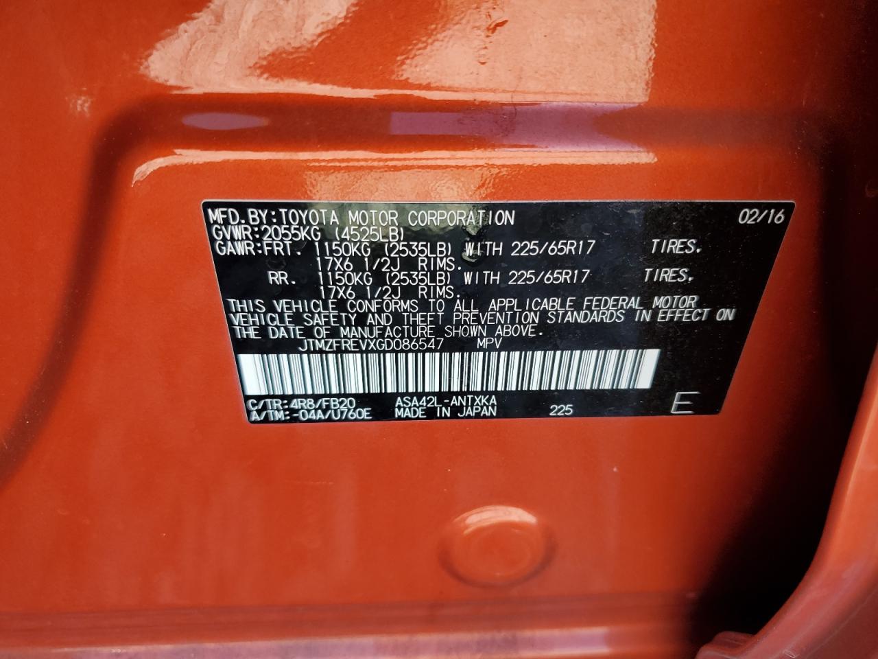 Lot #3302913052 2016 TOYOTA RAV4 LE