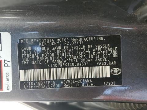 2012 TOYOTA CAMRY BASE - 4T1BF1FK4CU084631