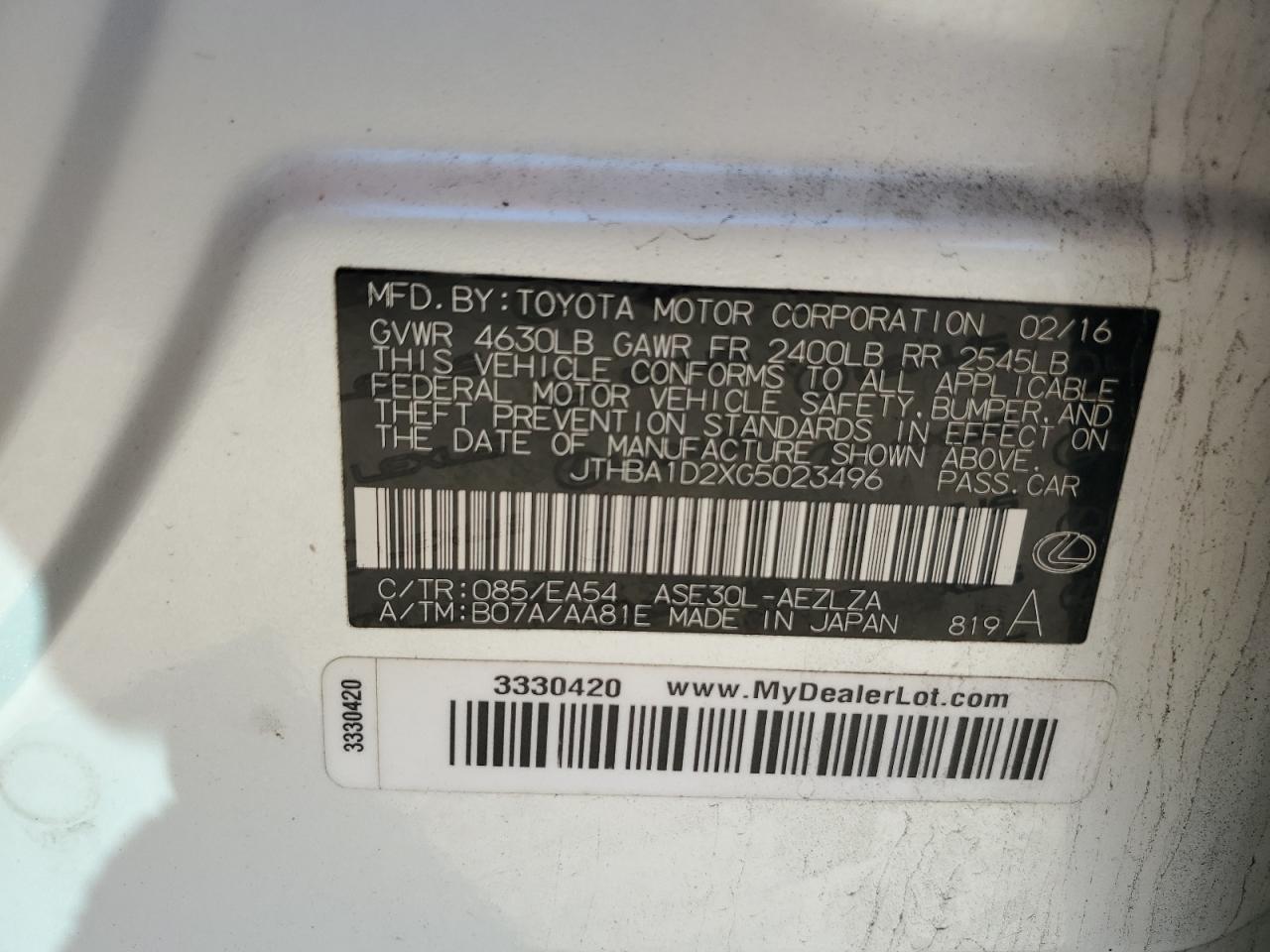 Lot #3291280958 2016 LEXUS IS 200T