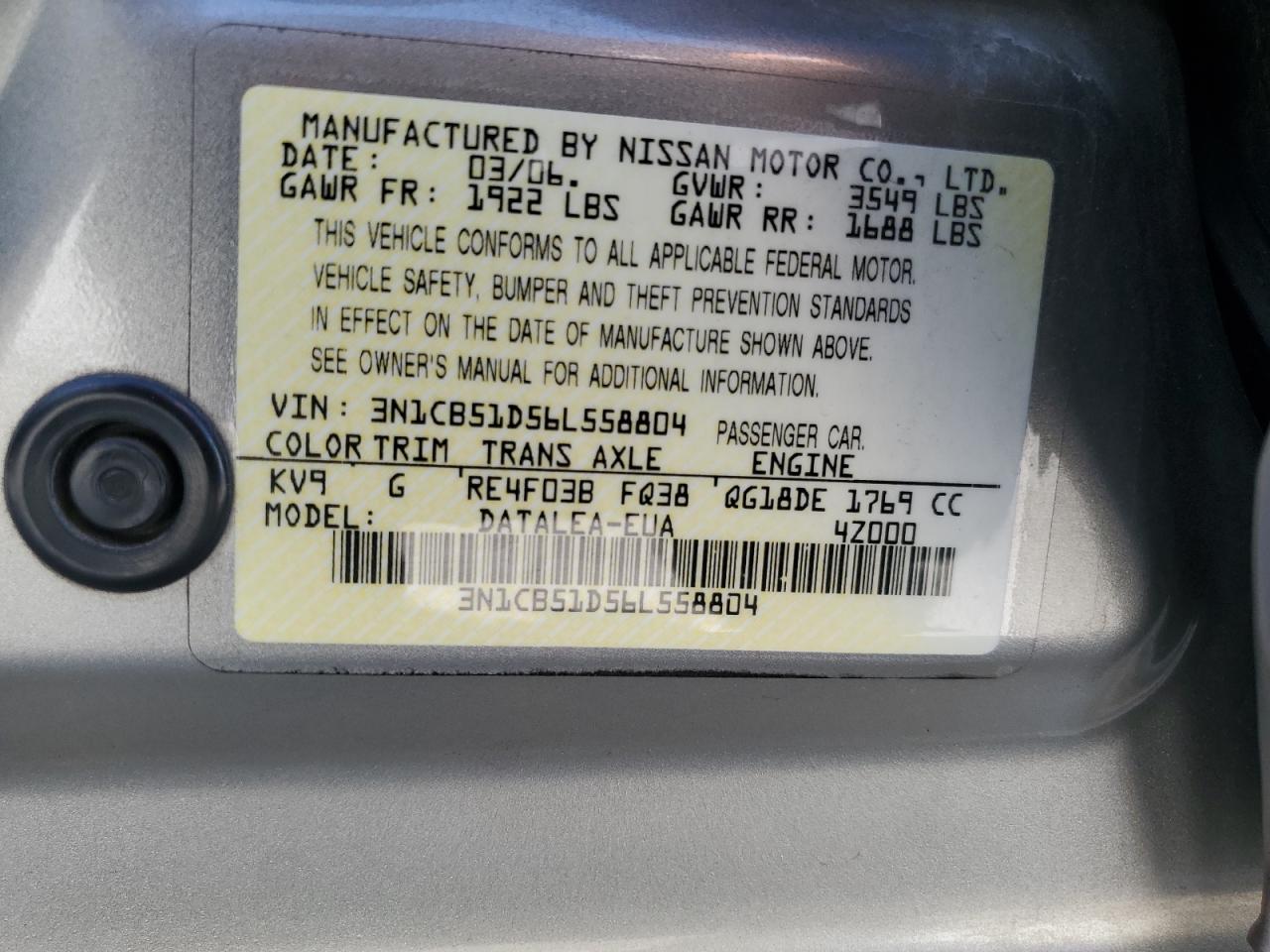 Lot #3279835271 2006 NISSAN SENTRA 1.8