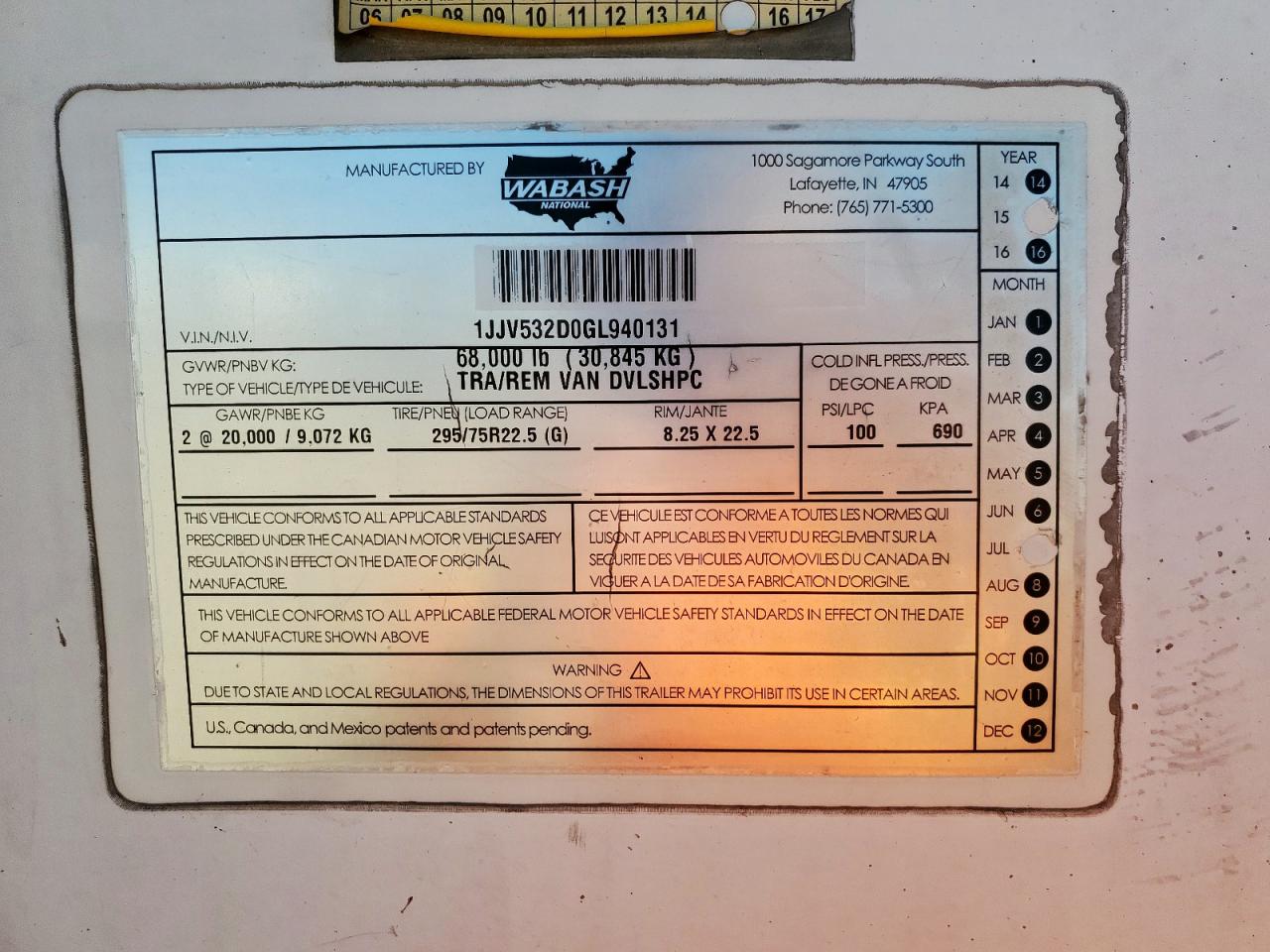 Lot #3311517291 2016 WABASH TRAILER