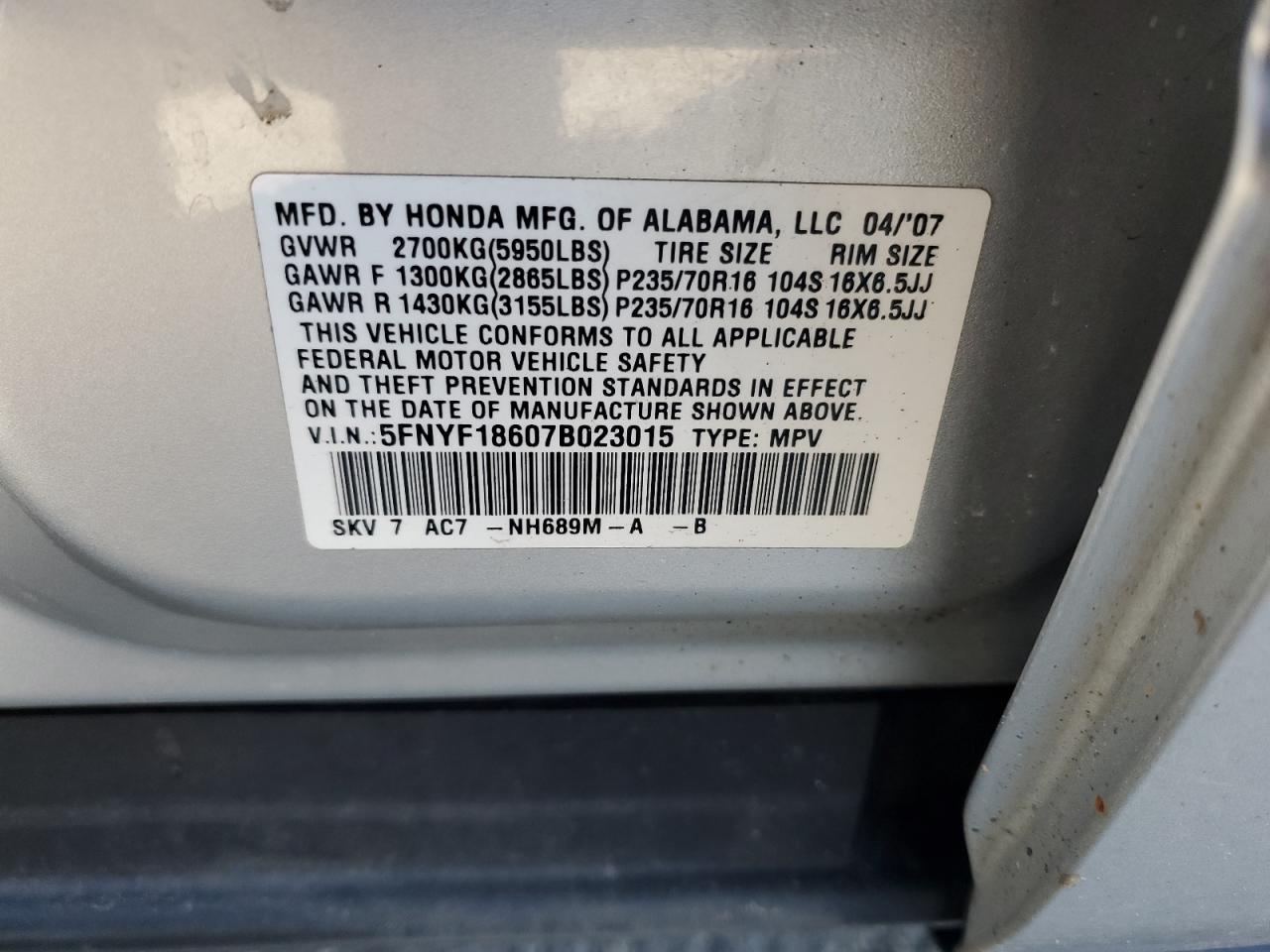 Lot #3266956051 2007 HONDA PILOT EXL