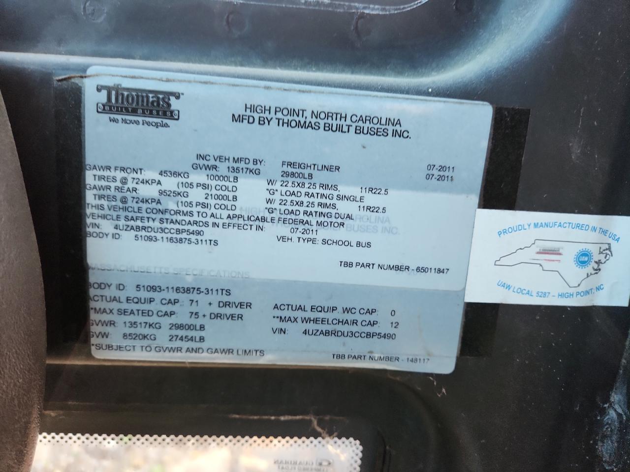 Lot #3271706661 2012 FREIGHTLINER SAF-T-LINER C2