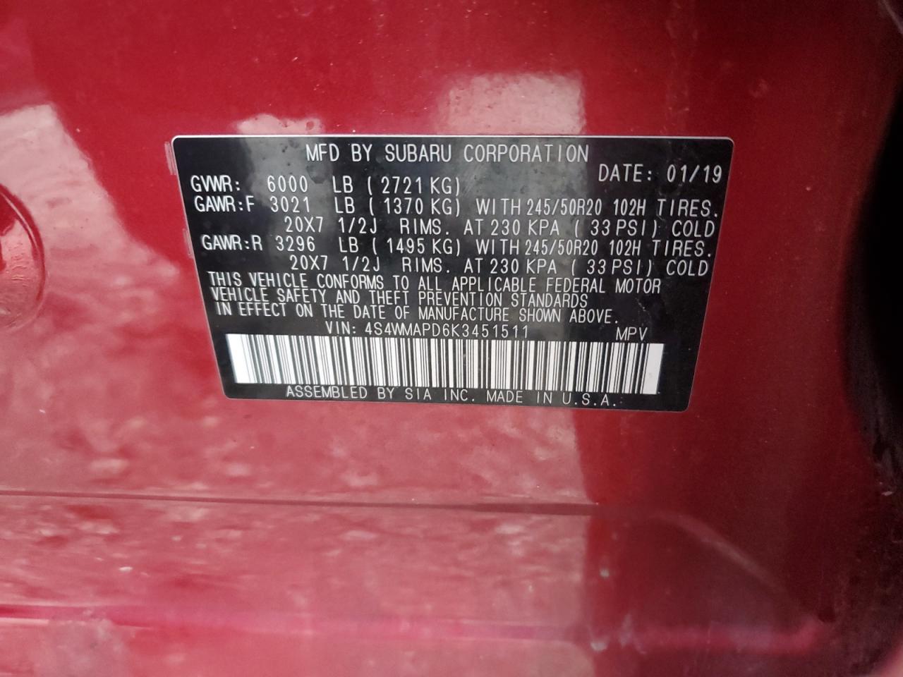 Lot #3318960970 2019 SUBARU ASCENT LIM