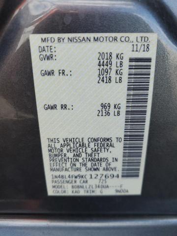 2019 NISSAN ALTIMA PLA 1N4BL4FW9KC127694