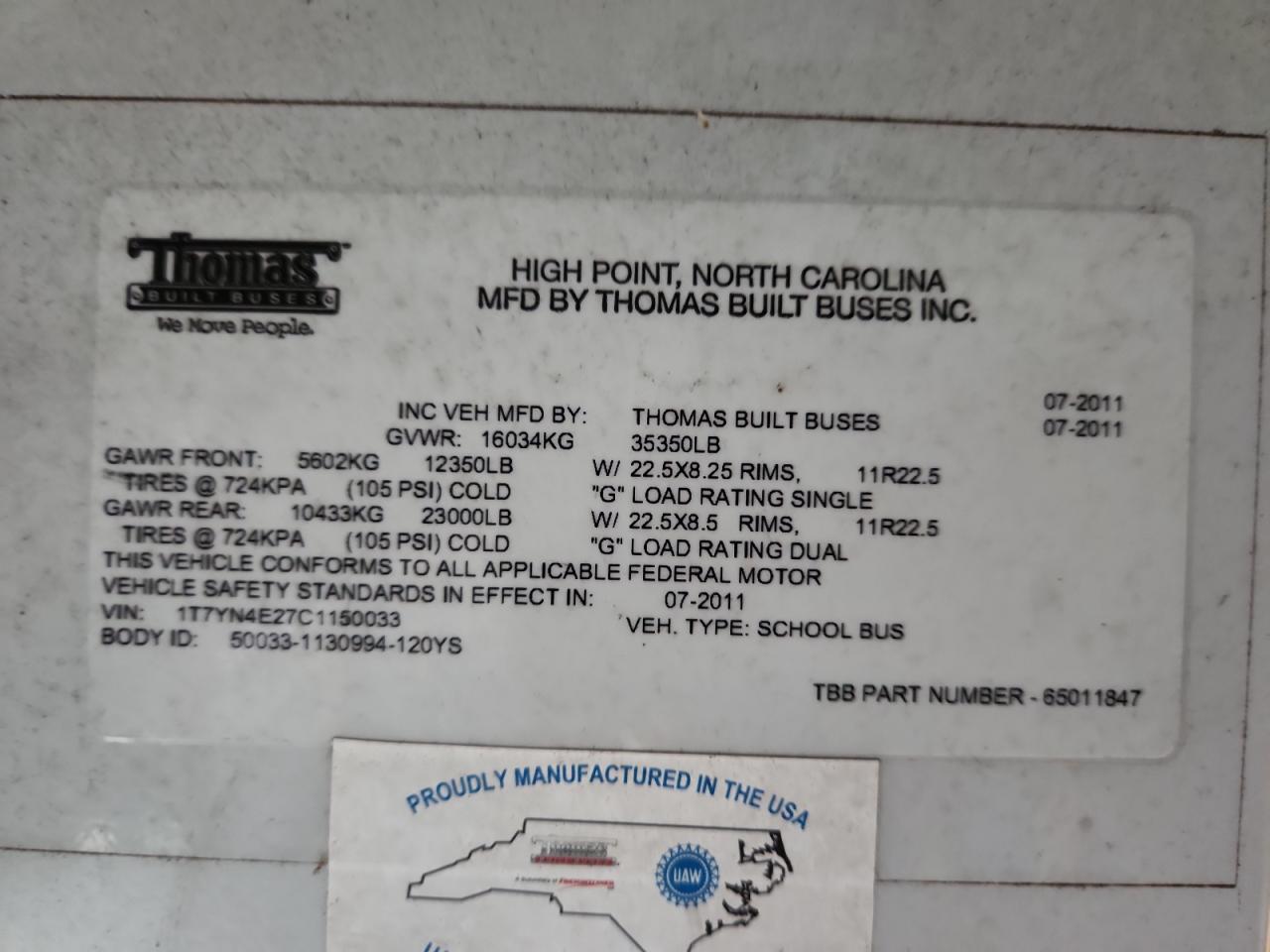 Lot #3270801510 2012 THOMAS SAF-T-LINER HDX