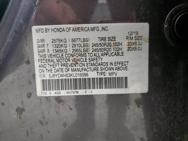 2019 ACURA MDX TECHNO 5J8YD4H53KL016596