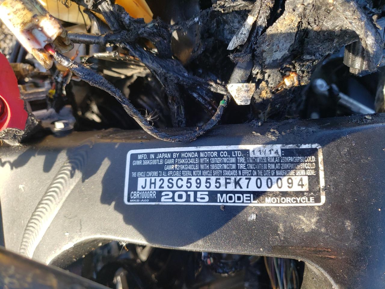 Lot #3290413768 2015 HONDA CBR1000 RR