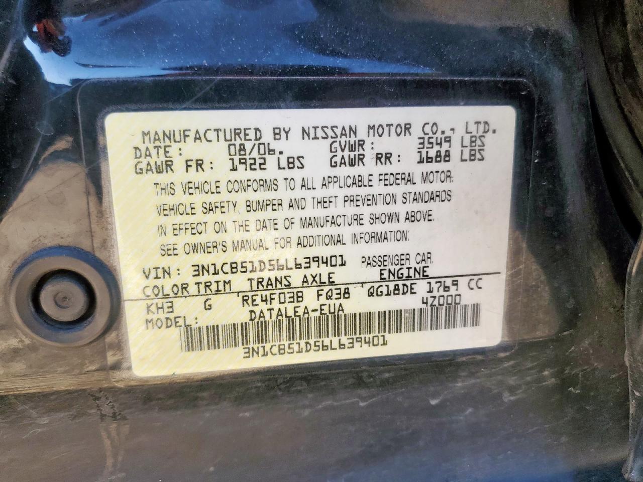 Lot #3290349836 2006 NISSAN SENTRA 1.8