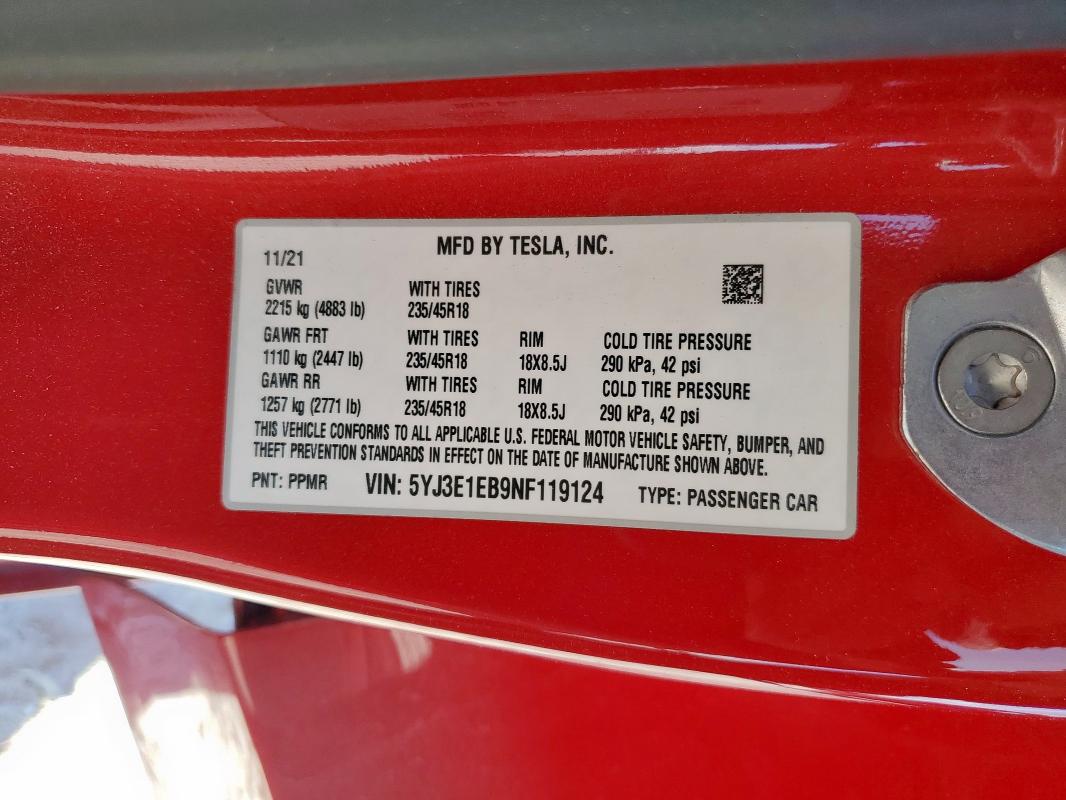 2022 TESLA MODEL 3 - 5YJ3E1EB9NF119124
