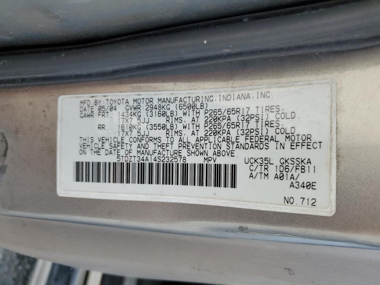 Lot #3309653886 2004 TOYOTA SEQUOIA SR